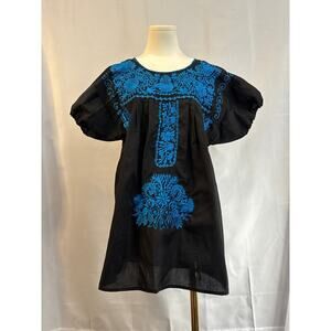 Women’s Handmade Black Shirt with Blue Embroidery, Stunning Top!